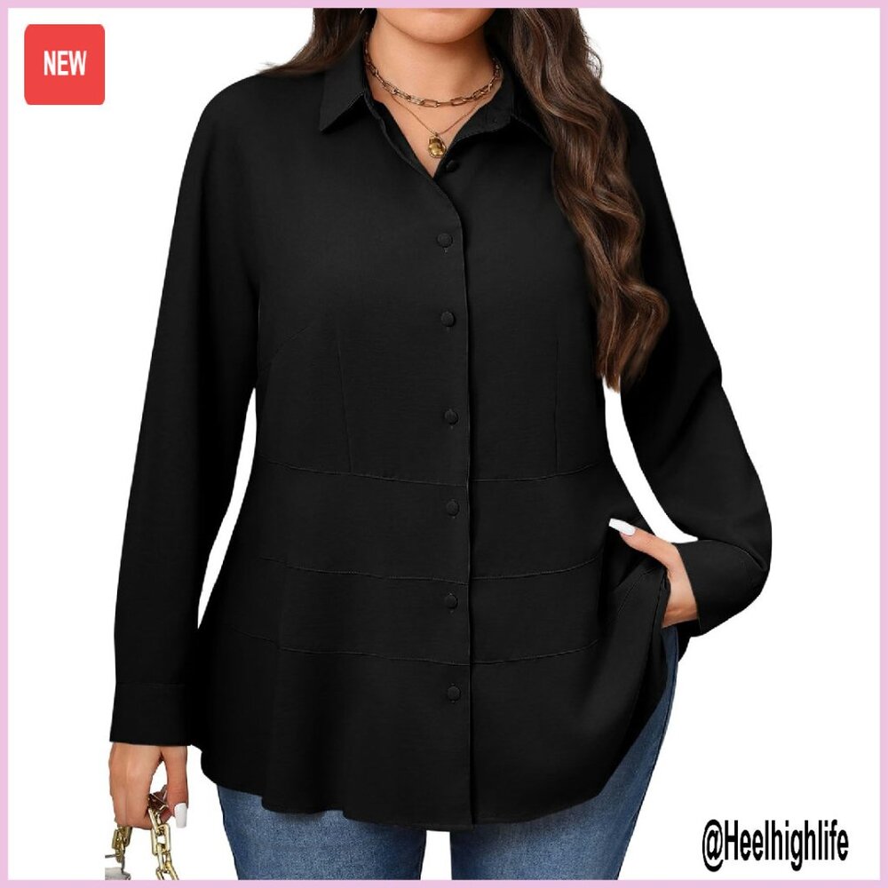 Plus Size Peplum Button Down Blouse Long Sleeve V Neck Slimming Top